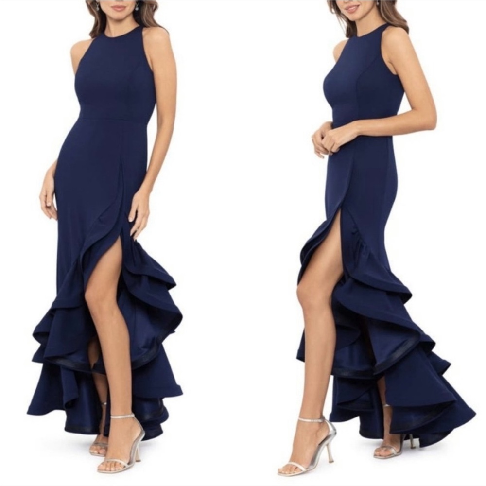 Betsy & Adam Arielle Tiered Ruffle Slit Scuba Gown 6P